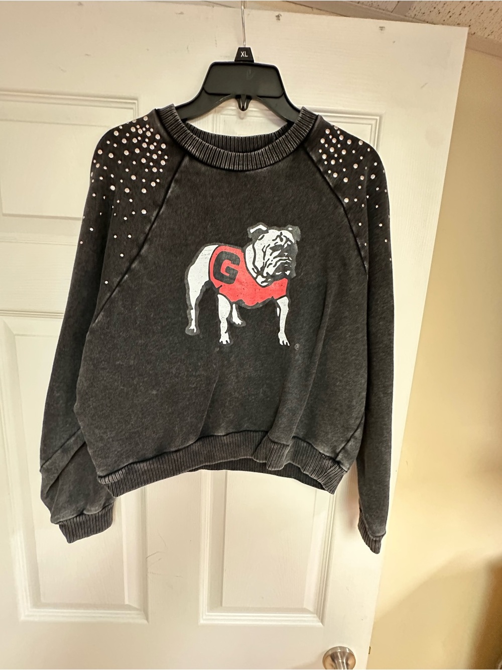 Black Bulldog Graphic Sweatshirt with Studded Shoulders